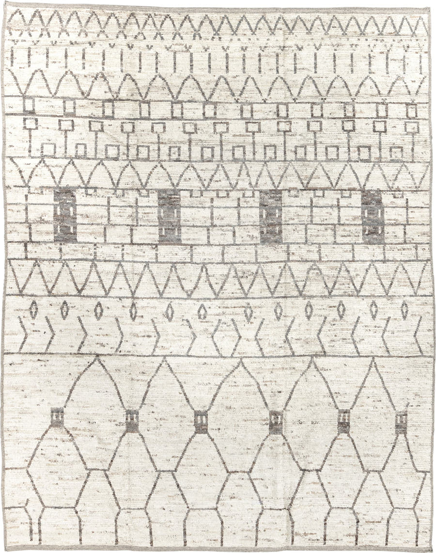 9' x 11' one-of-a-kind handmade vintage Tulu large size rug. Color palette: ivory, charcoal, taupe, cream, gray, black