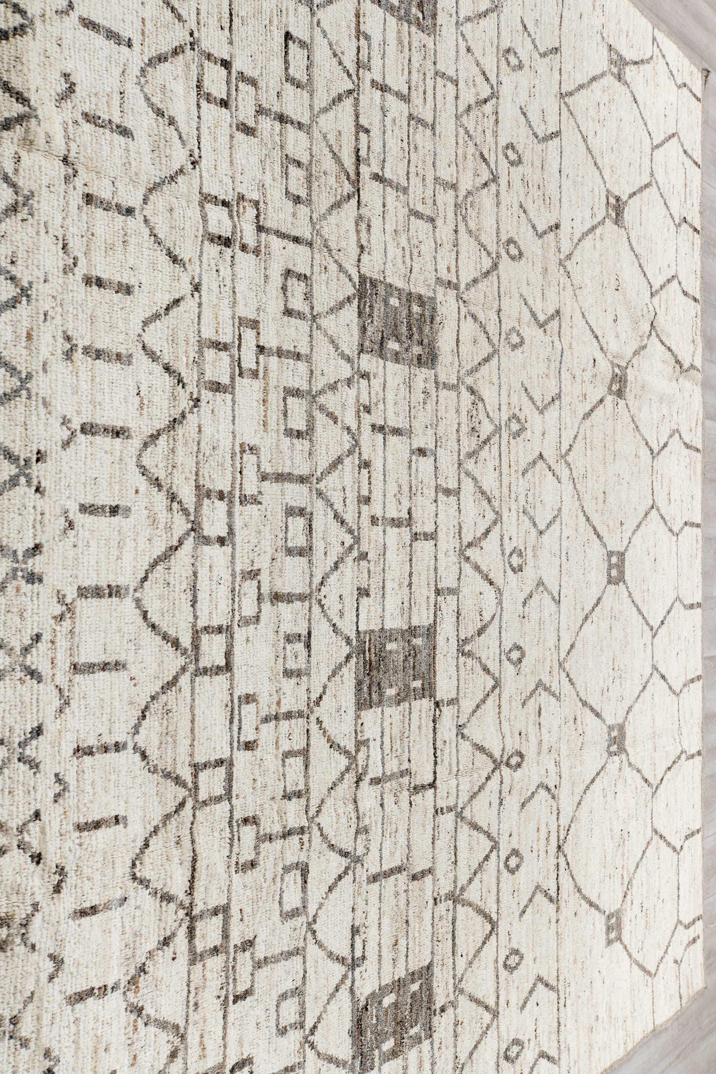 9' x 11' one-of-a-kind handmade vintage Tulu large size rug. Color palette: ivory, charcoal, taupe, cream, gray, black