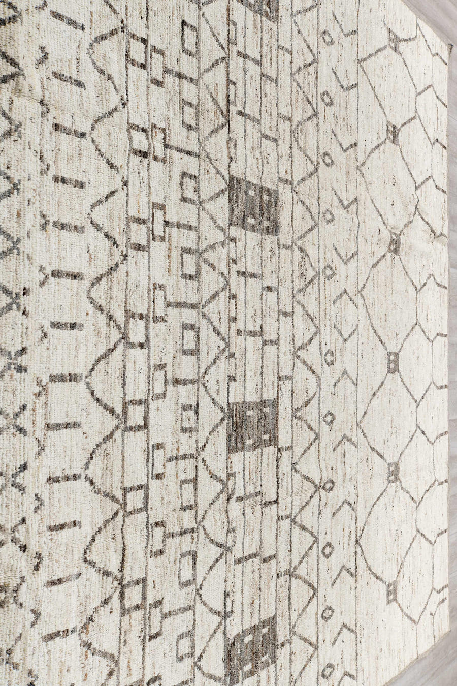 9' x 11' one-of-a-kind handmade vintage Tulu large size rug. Color palette: ivory, charcoal, taupe, cream, gray, black