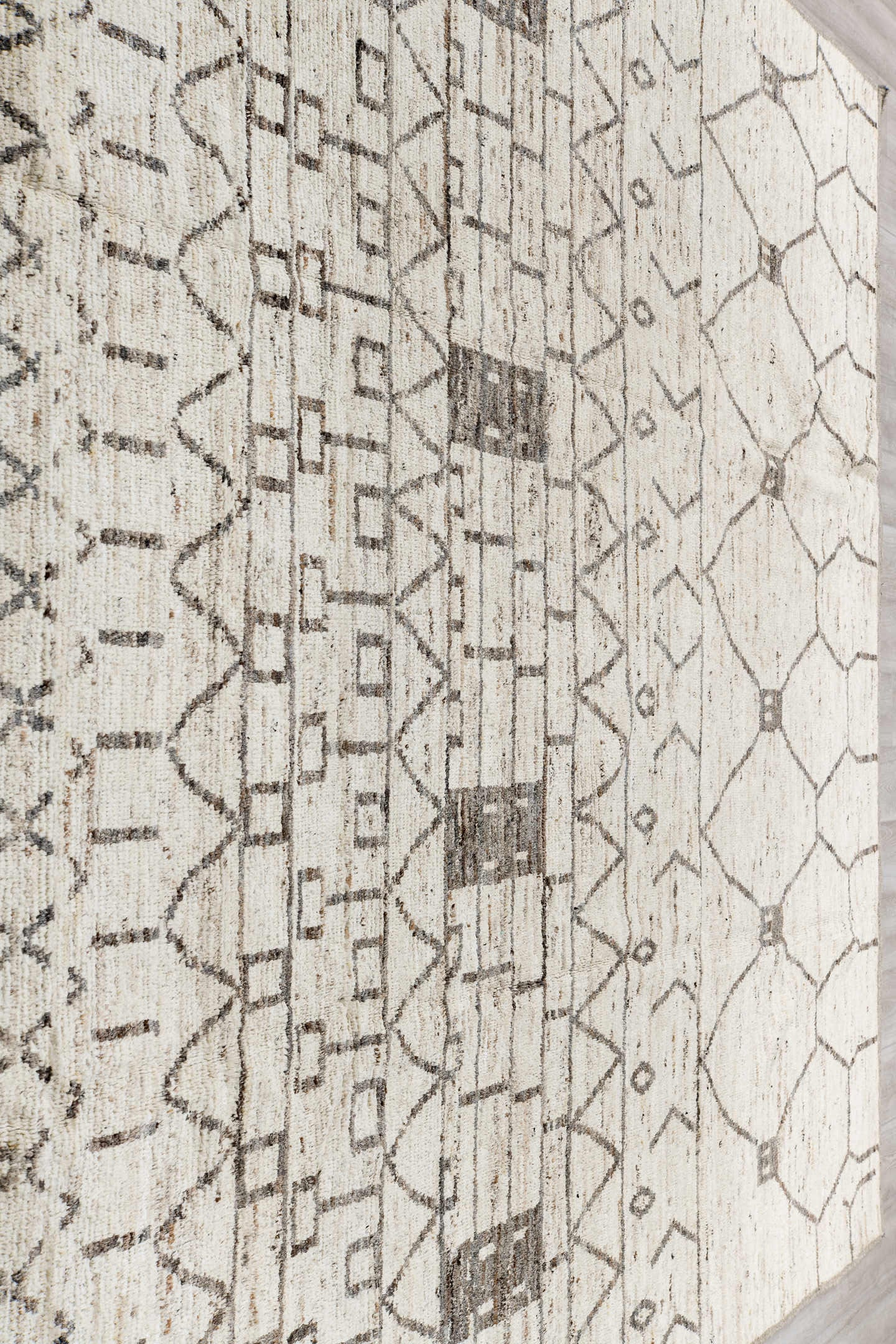 9' x 11' one-of-a-kind handmade vintage Tulu large size rug. Color palette: ivory, charcoal, taupe, cream, gray, black