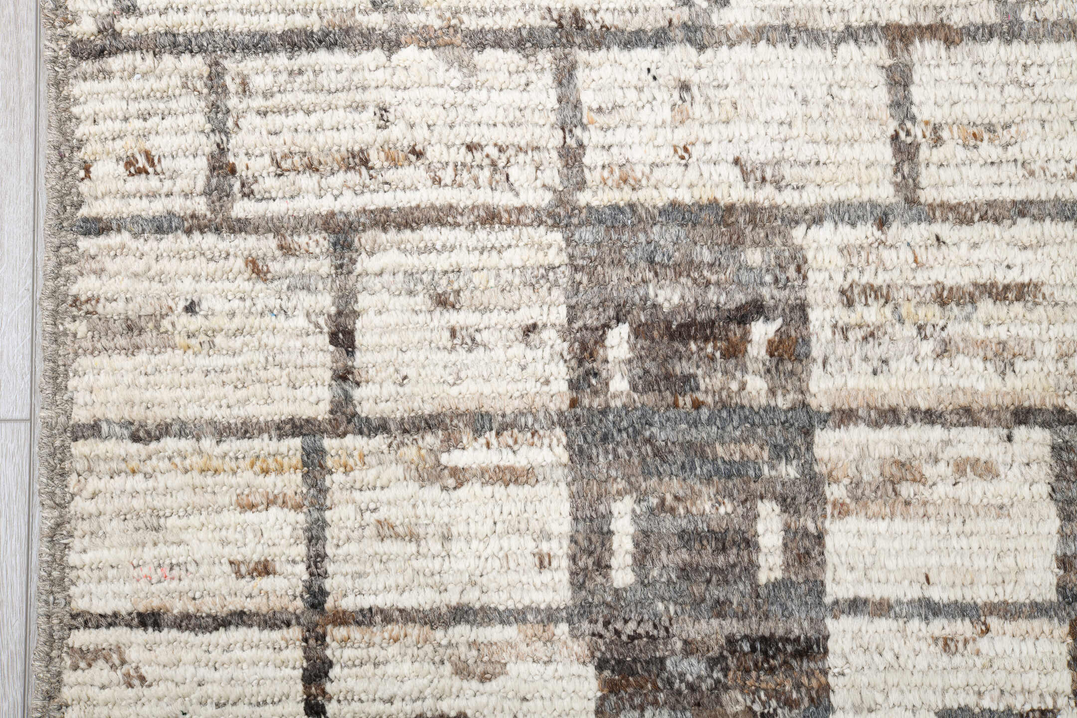 9' x 11' one-of-a-kind handmade vintage Tulu large size rug. Color palette: ivory, charcoal, taupe, cream, gray, black