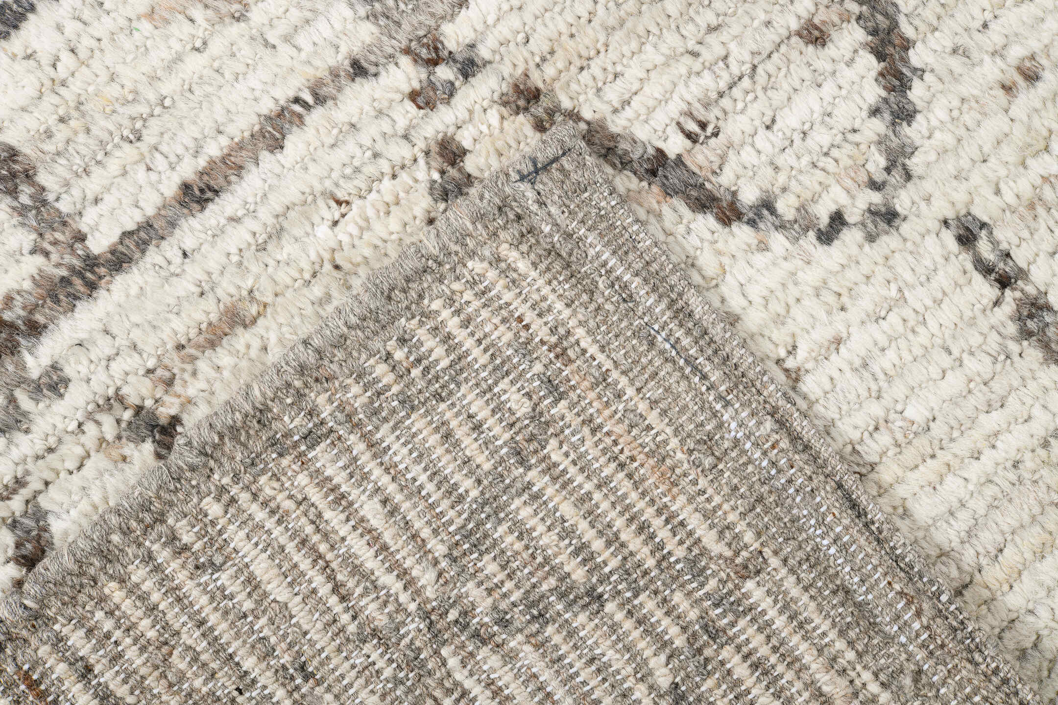 9' x 11' one-of-a-kind handmade vintage Tulu large size rug. Color palette: ivory, charcoal, taupe, cream, gray, black