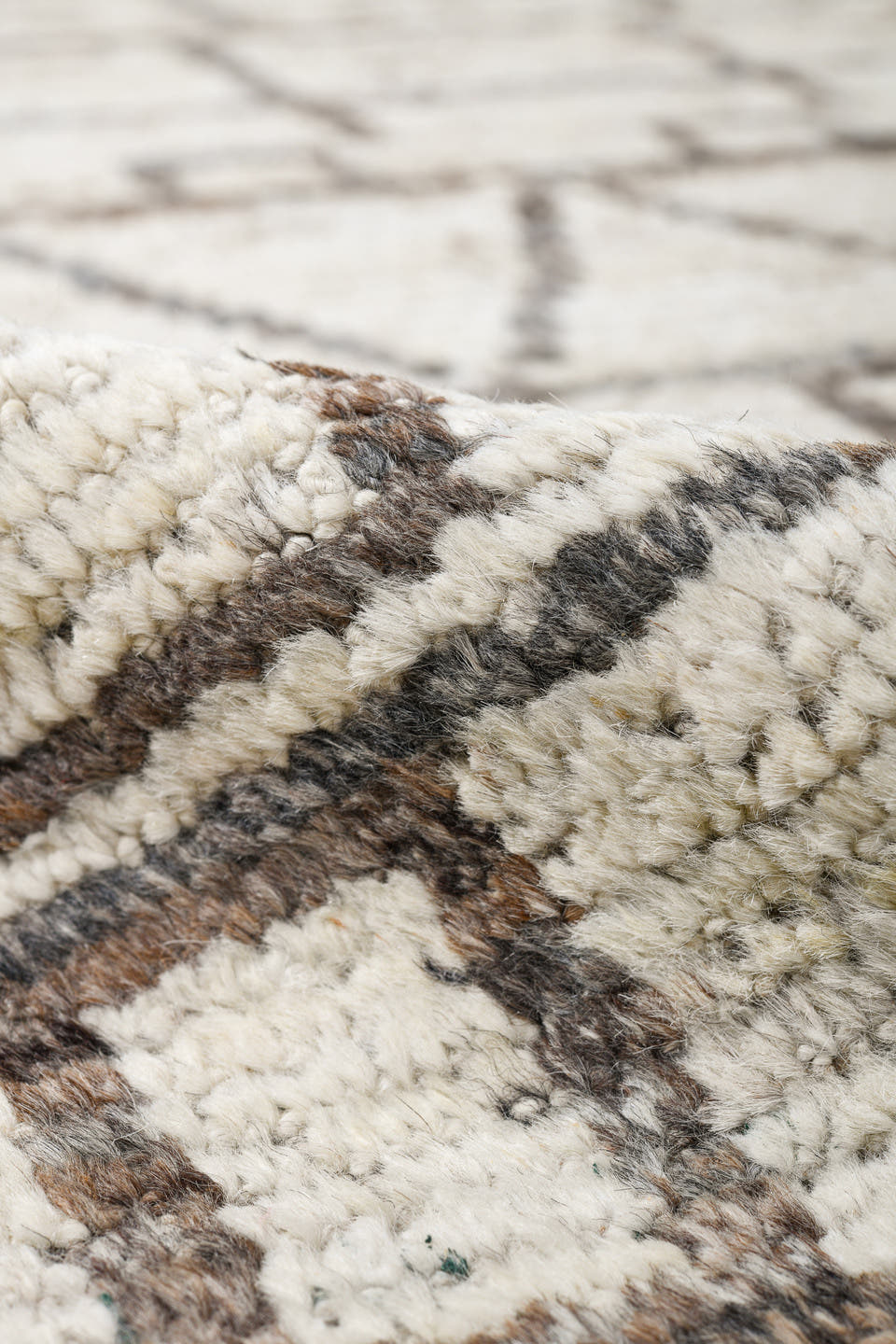9' x 11' one-of-a-kind handmade vintage Tulu large size rug. Color palette: ivory, charcoal, taupe, cream, gray, black