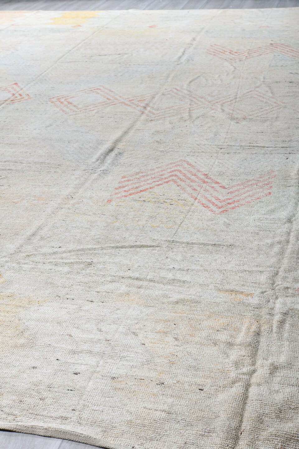 14' x 19' one-of-a-kind handmade vintage Tulu oversize rug. Color palette: ivory, blush, pale blue, soft gold, cream, sand