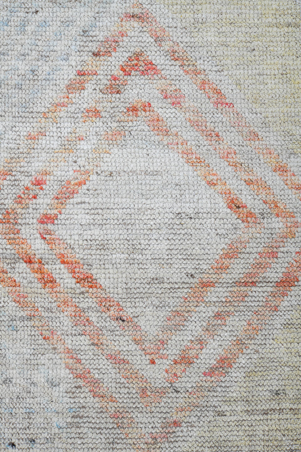 14' x 19' one-of-a-kind handmade vintage Tulu oversize rug. Color palette: ivory, blush, pale blue, soft gold, cream, sand