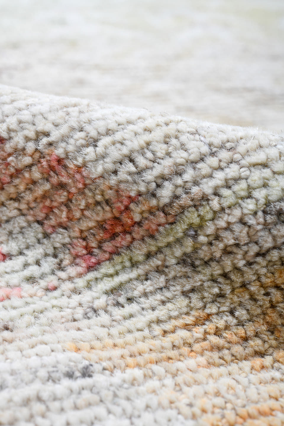 14' x 19' one-of-a-kind handmade vintage Tulu oversize rug. Color palette: ivory, blush, pale blue, soft gold, cream, sand