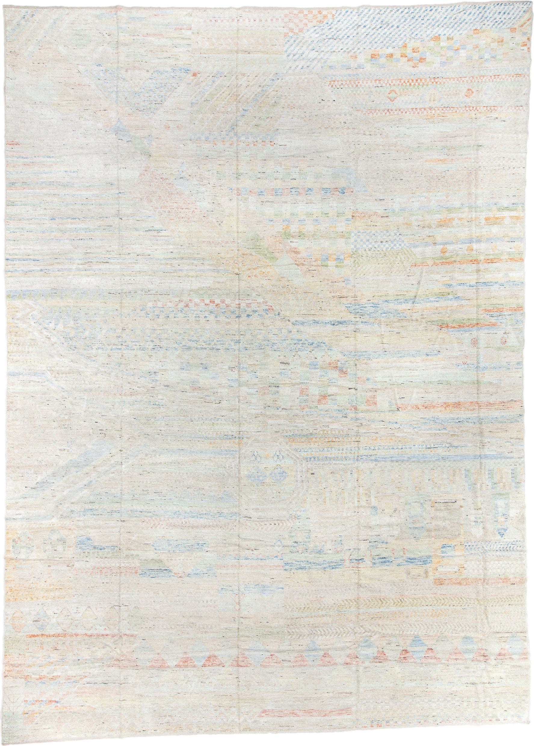 13' x 19' one-of-a-kind handmade vintage Tulu oversize rug. Color palette: ivory, pale blue, blush, sage, apricot, cream
