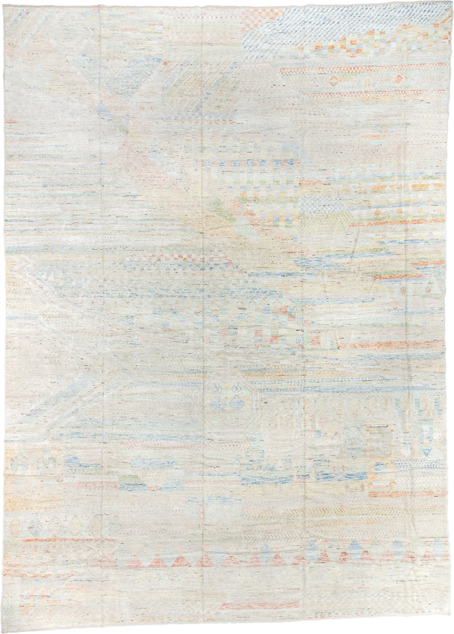 13' x 19' one-of-a-kind handmade vintage Tulu oversize rug. Color palette: ivory, pale blue, blush, sage, apricot, cream