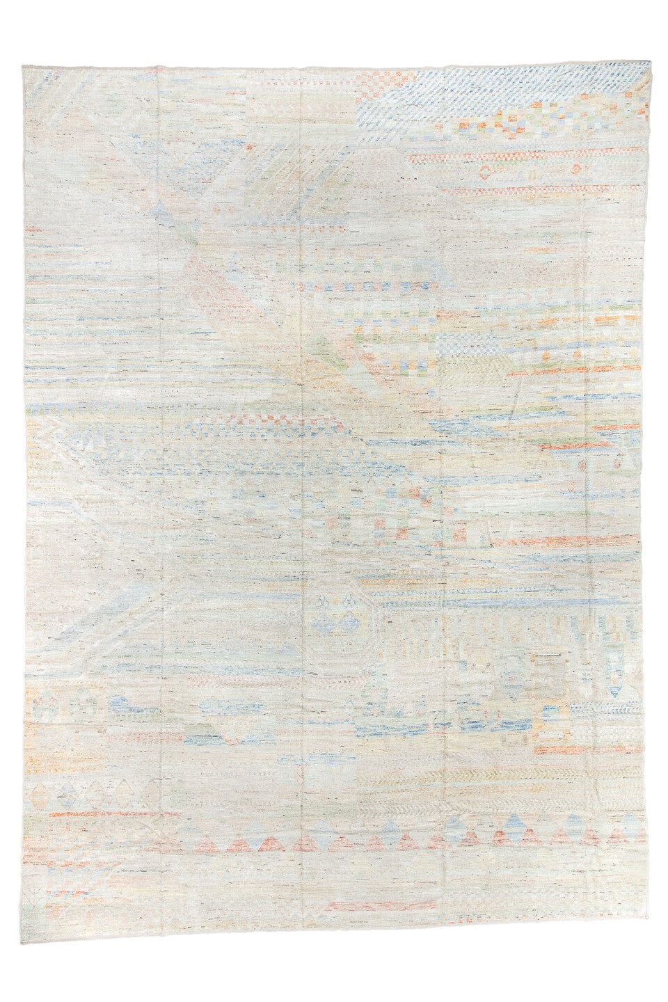 13' x 19' one-of-a-kind handmade vintage Tulu oversize rug. Color palette: alice blue, blue, brown, dark gray, gainsboro