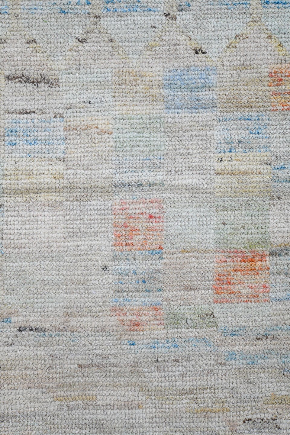 13' x 19' one-of-a-kind handmade vintage Tulu oversize rug. Color palette: ivory, pale blue, blush, sage, apricot, cream