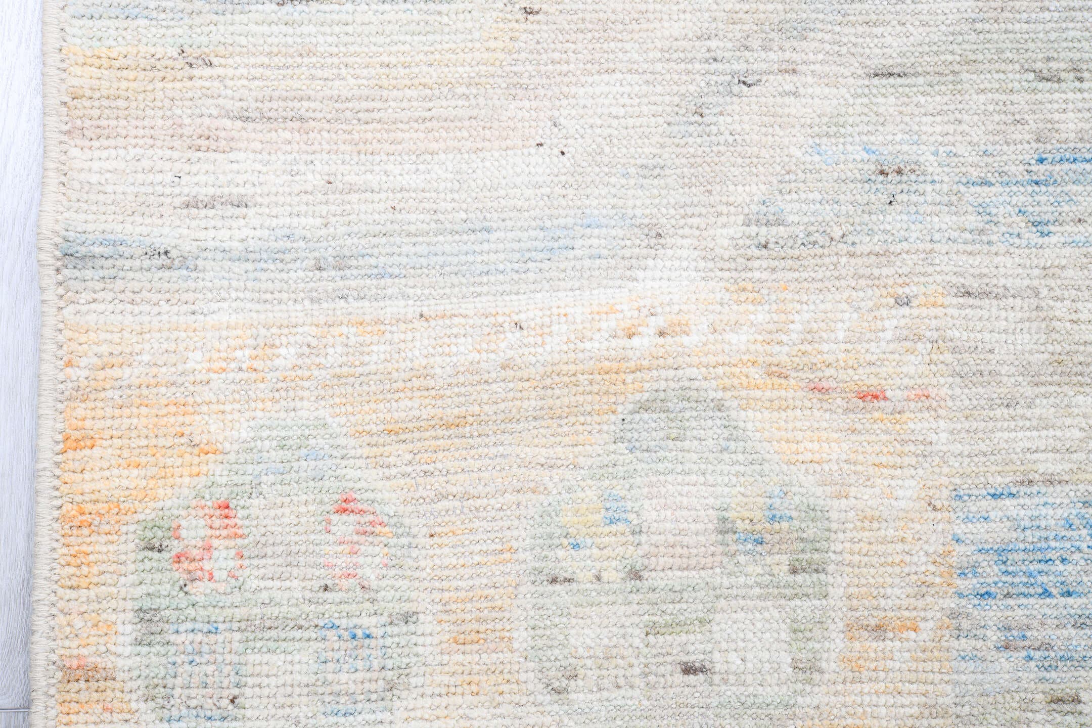 13' x 19' one-of-a-kind handmade vintage Tulu oversize rug. Color palette: ivory, pale blue, blush, sage, apricot, cream