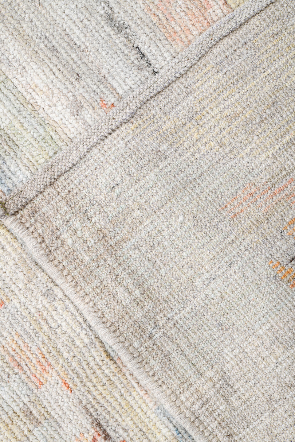 13' x 19' one-of-a-kind handmade vintage Tulu oversize rug. Color palette: ivory, pale blue, blush, sage, apricot, cream