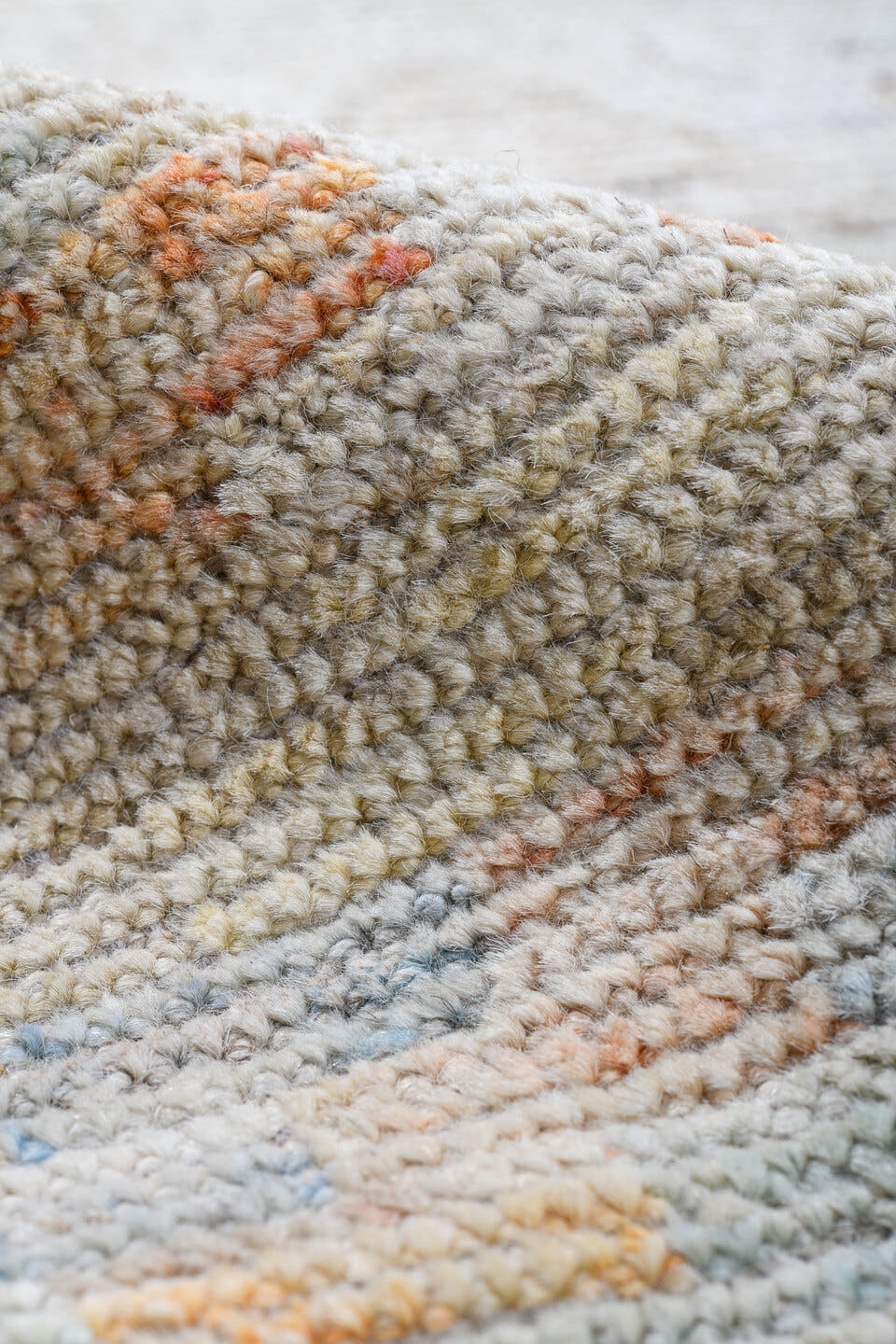 13' x 19' one-of-a-kind handmade vintage Tulu oversize rug. Color palette: ivory, pale blue, blush, sage, apricot, cream