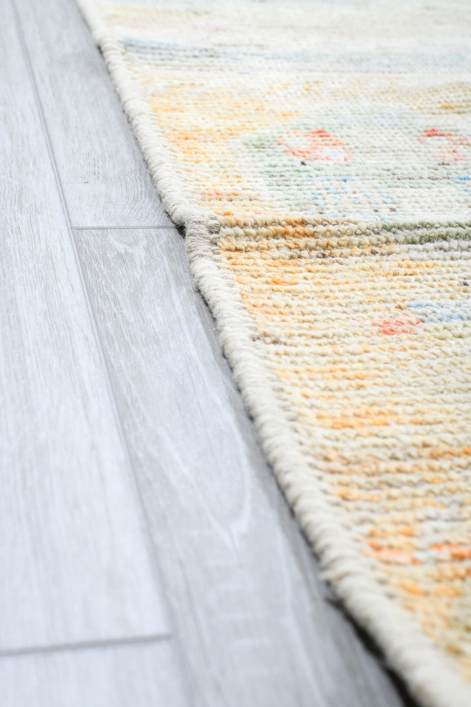 13' x 19' one-of-a-kind handmade vintage Tulu oversize rug. Color palette: ivory, pale blue, blush, sage, apricot, cream