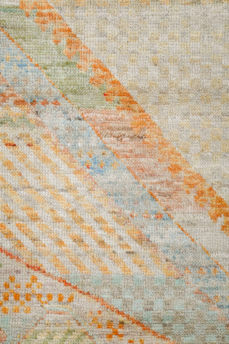 4' x 6' one-of-a-kind handmade vintage Tulu small size rug. Color palette: ivory, pale aqua, apricot, sand, taupe