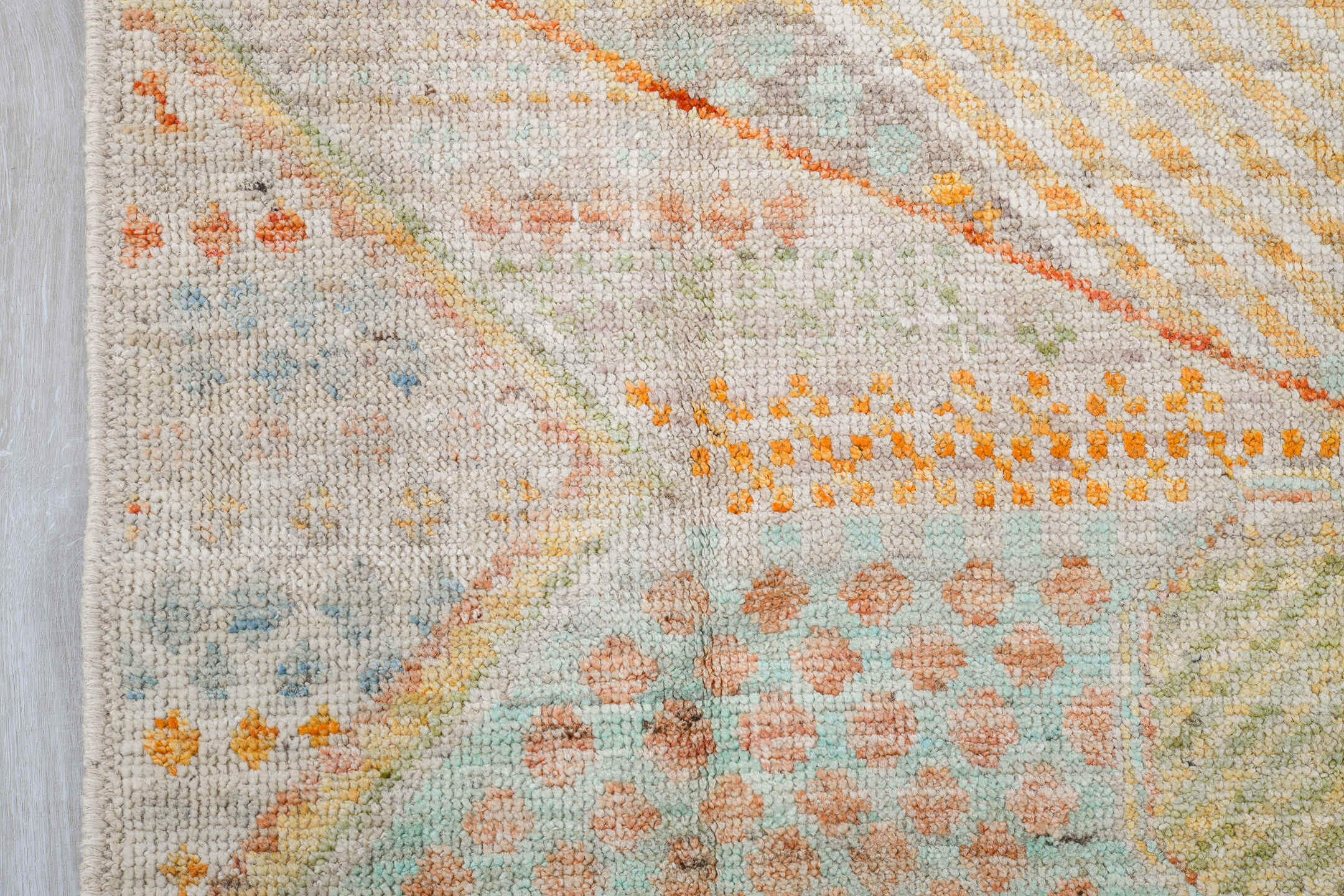 4' x 6' one-of-a-kind handmade vintage Tulu small size rug. Color palette: ivory, pale aqua, apricot, sand, taupe