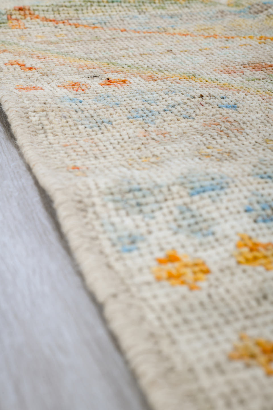 4' x 6' one-of-a-kind handmade vintage Tulu small size rug. Color palette: ivory, pale aqua, apricot, sand, taupe