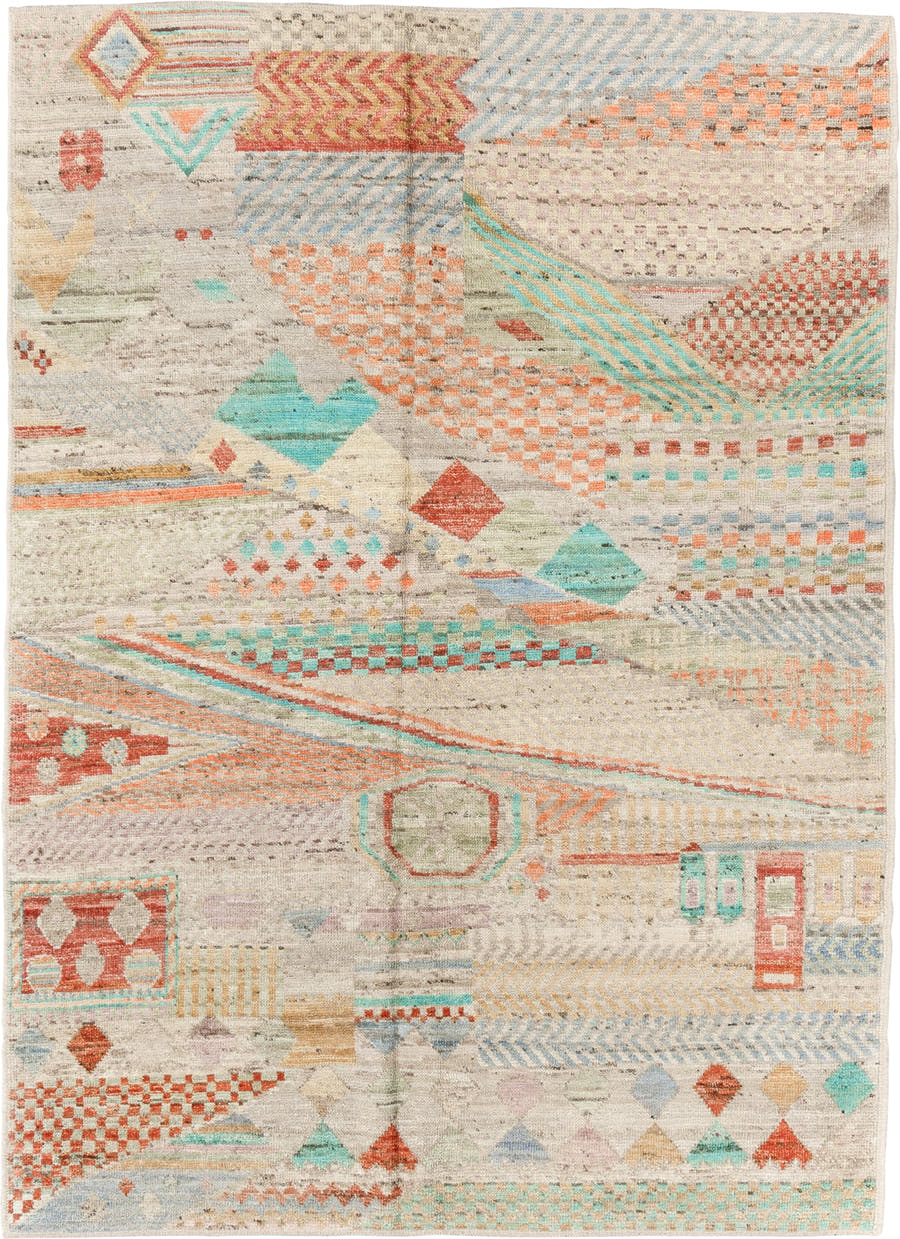 5' x 8' one-of-a-kind handmade vintage Tulu medium size rug. Color palette: ivory, coral, aqua, pale blue, sand, taupe