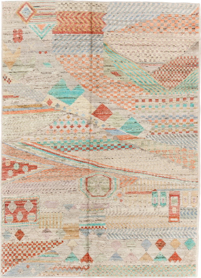 5' x 8' one-of-a-kind handmade vintage Tulu medium size rug. Color palette: ivory, aqua, coral, sky_blue, sand, sage