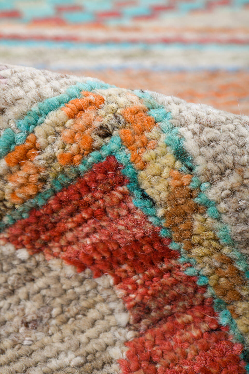 5' x 8' one-of-a-kind handmade vintage Tulu medium size rug. Color palette: ivory, coral, aqua, pale blue, sand, taupe