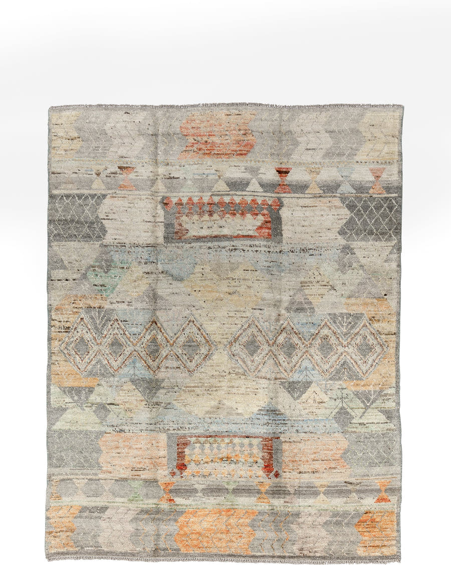 5' x 7' one-of-a-kind handmade vintage Tulu rug. Color palette: ivory, gray, terra cotta, pale blue, taupe, camel, sage