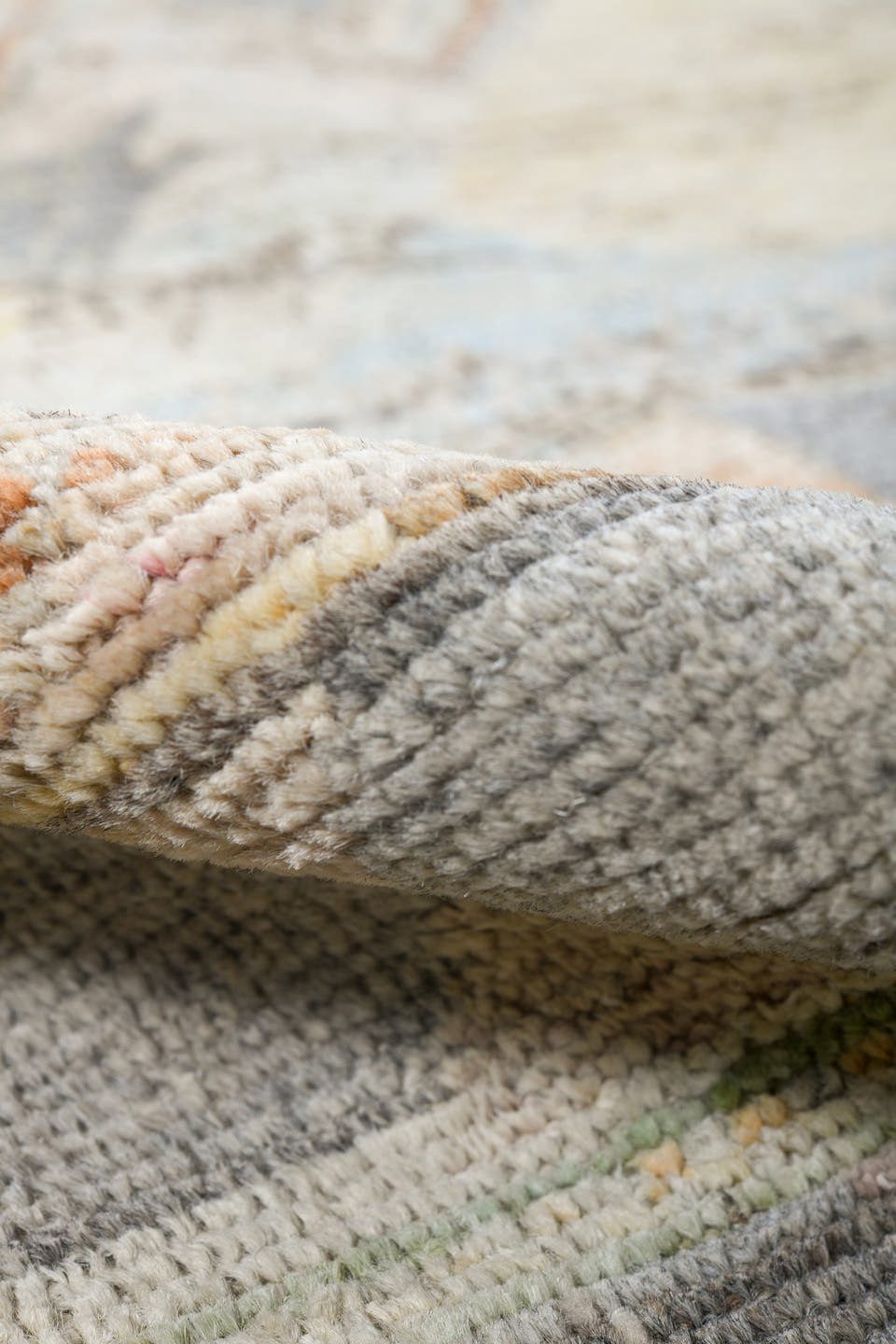 5' x 7' one-of-a-kind handmade vintage Tulu rug. Color palette: ivory, gray, terra cotta, pale blue, taupe, camel, sage