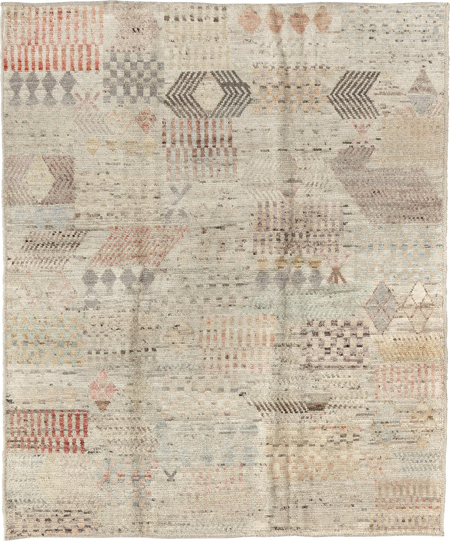 5' x 6' one-of-a-kind handmade vintage Tulu rug. Color palette: ivory, taupe, charcoal, blush, pale blue, camel, rose, gray