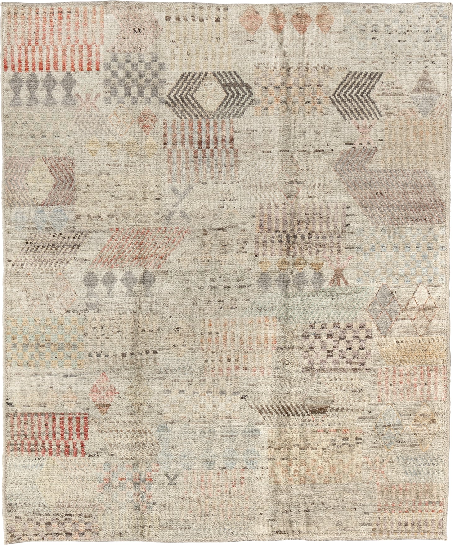 5' x 6' one-of-a-kind handmade vintage Tulu rug. Color palette: ivory, taupe, charcoal, blush, pale blue, camel, rose, gray