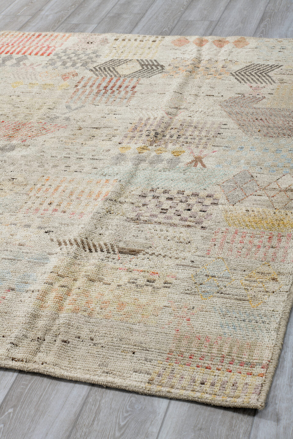 5' x 6' one-of-a-kind handmade vintage Tulu rug. Color palette: ivory, taupe, charcoal, blush, pale blue, camel, rose, gray