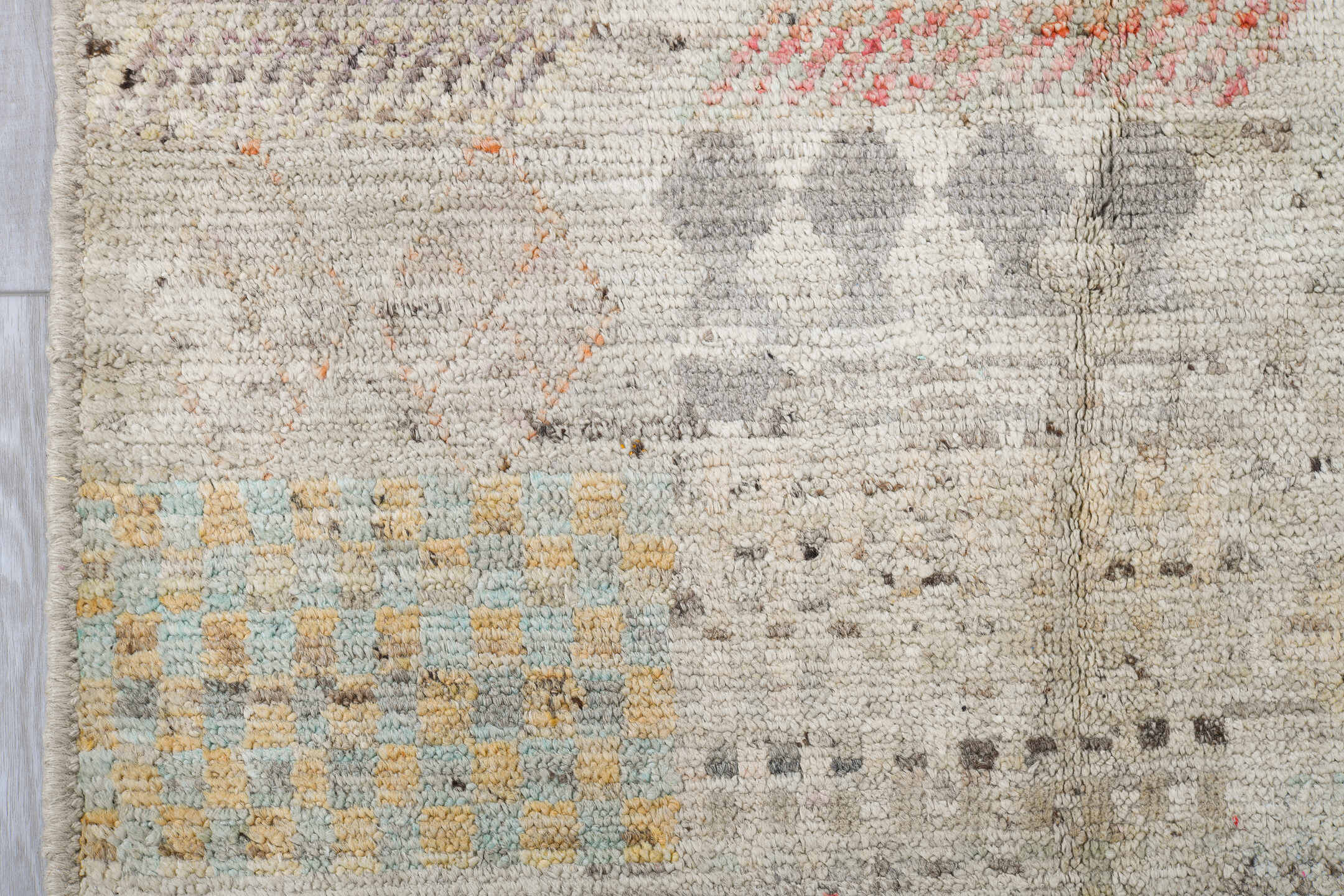 5' x 6' one-of-a-kind handmade vintage Tulu rug. Color palette: ivory, taupe, charcoal, blush, pale blue, camel, rose, gray