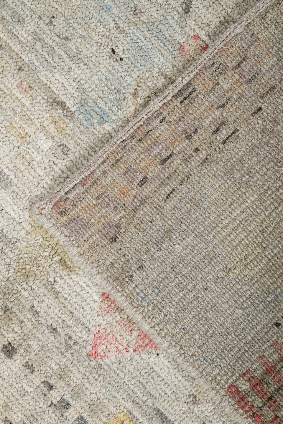 5' x 6' one-of-a-kind handmade vintage Tulu rug. Color palette: ivory, taupe, charcoal, blush, pale blue, camel, rose, gray