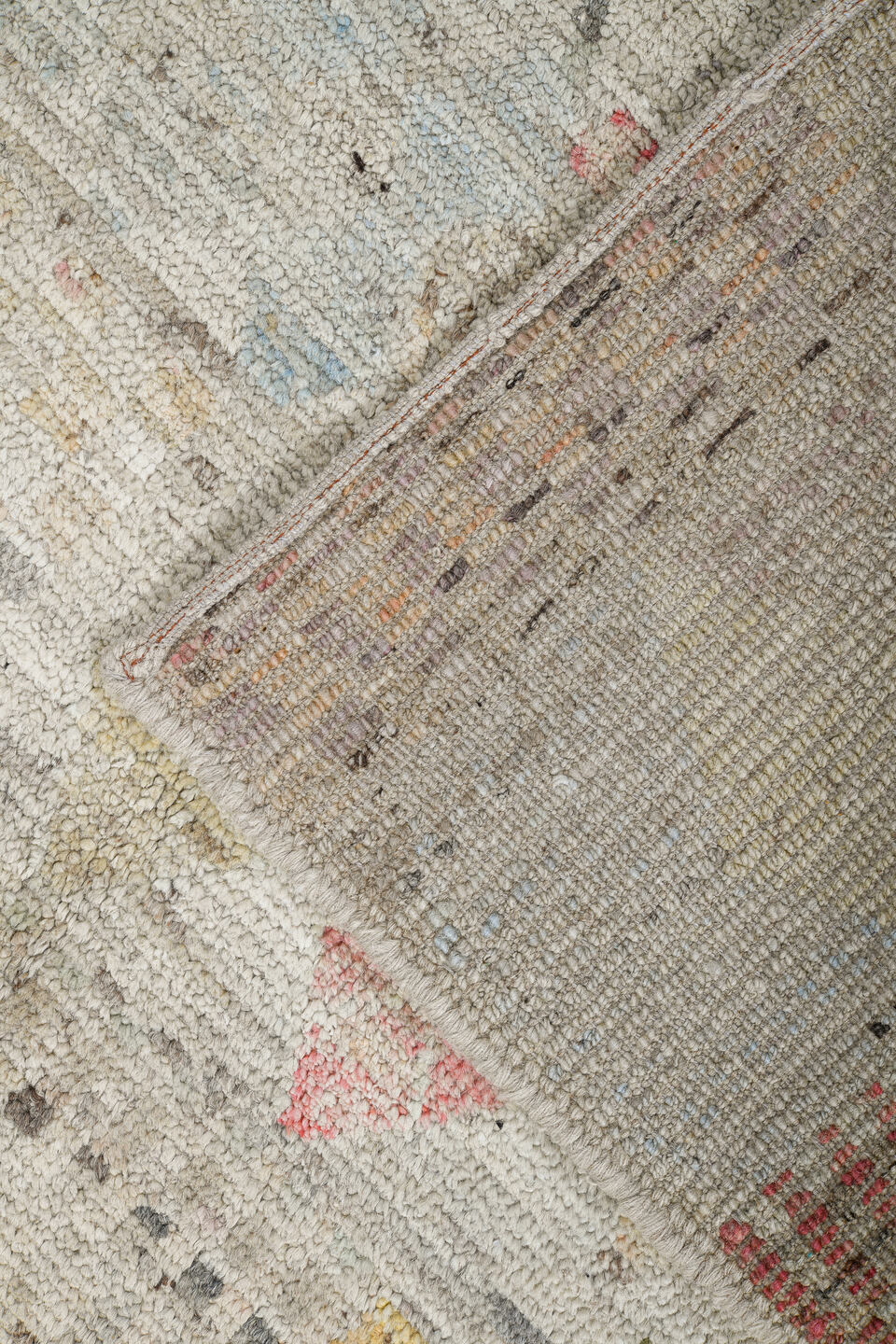 5' x 6' one-of-a-kind handmade vintage Tulu rug. Color palette: ivory, taupe, charcoal, blush, pale blue, camel, rose, gray