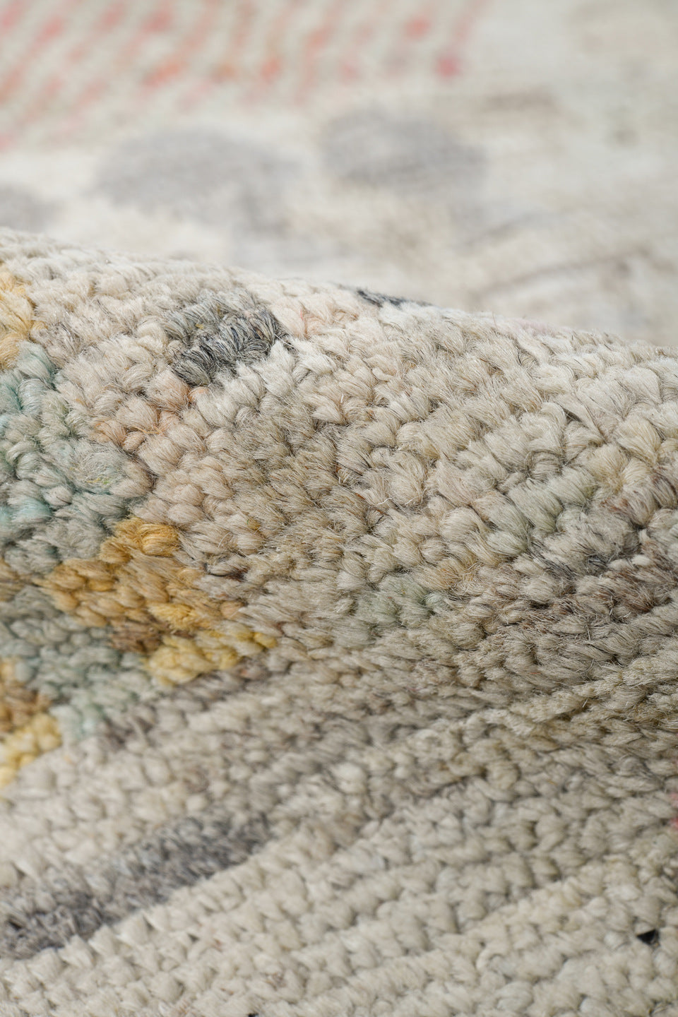 5' x 6' one-of-a-kind handmade vintage Tulu rug. Color palette: ivory, taupe, charcoal, blush, pale blue, camel, rose, gray