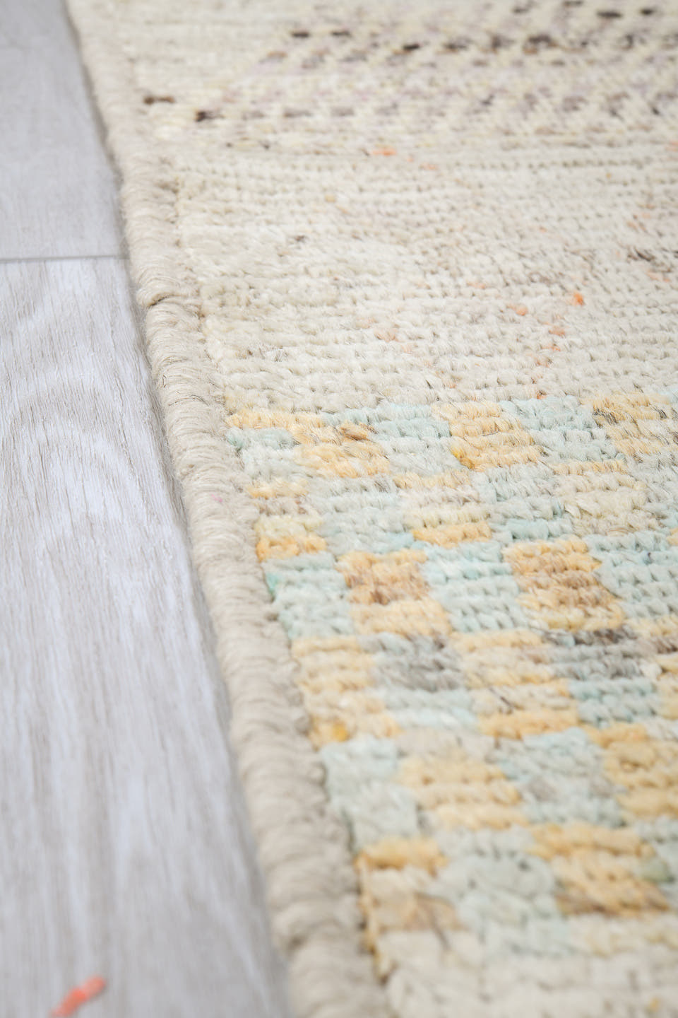 5' x 6' one-of-a-kind handmade vintage Tulu rug. Color palette: ivory, taupe, charcoal, blush, pale blue, camel, rose, gray