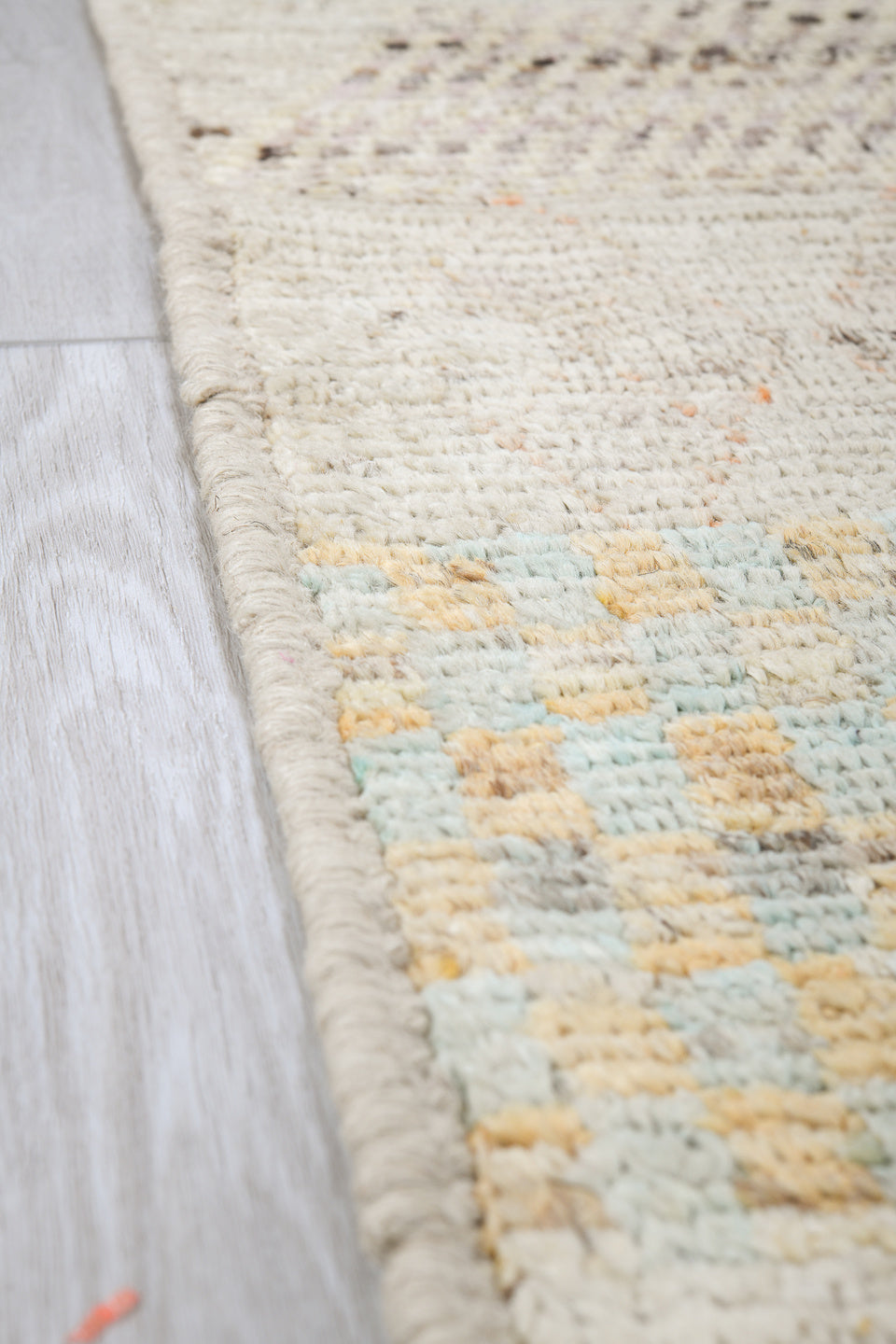 5' x 6' one-of-a-kind handmade vintage Tulu rug. Color palette: ivory, taupe, charcoal, blush, pale blue, camel, rose, gray