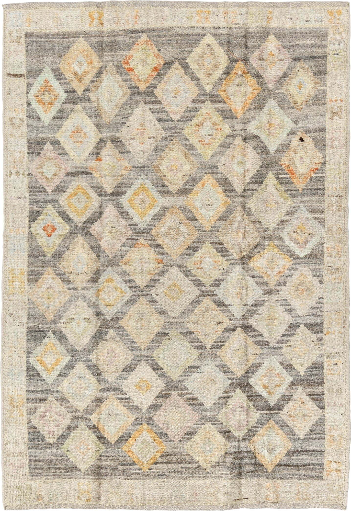4' x 6' one-of-a-kind handmade vintage Tulu small size rug. Color palette: gray, ivory, cream, taupe, pale gold, sand