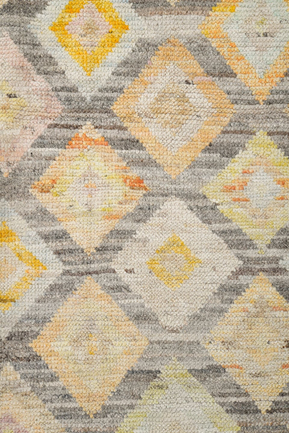 4' x 6' one-of-a-kind handmade vintage Tulu small size rug. Color palette: gray, ivory, cream, taupe, pale gold, sand