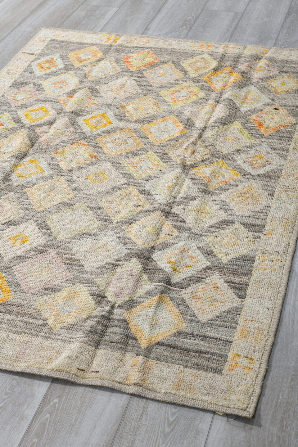 4' x 6' one-of-a-kind handmade vintage Tulu small size rug. Color palette: gray, ivory, cream, taupe, pale gold, sand