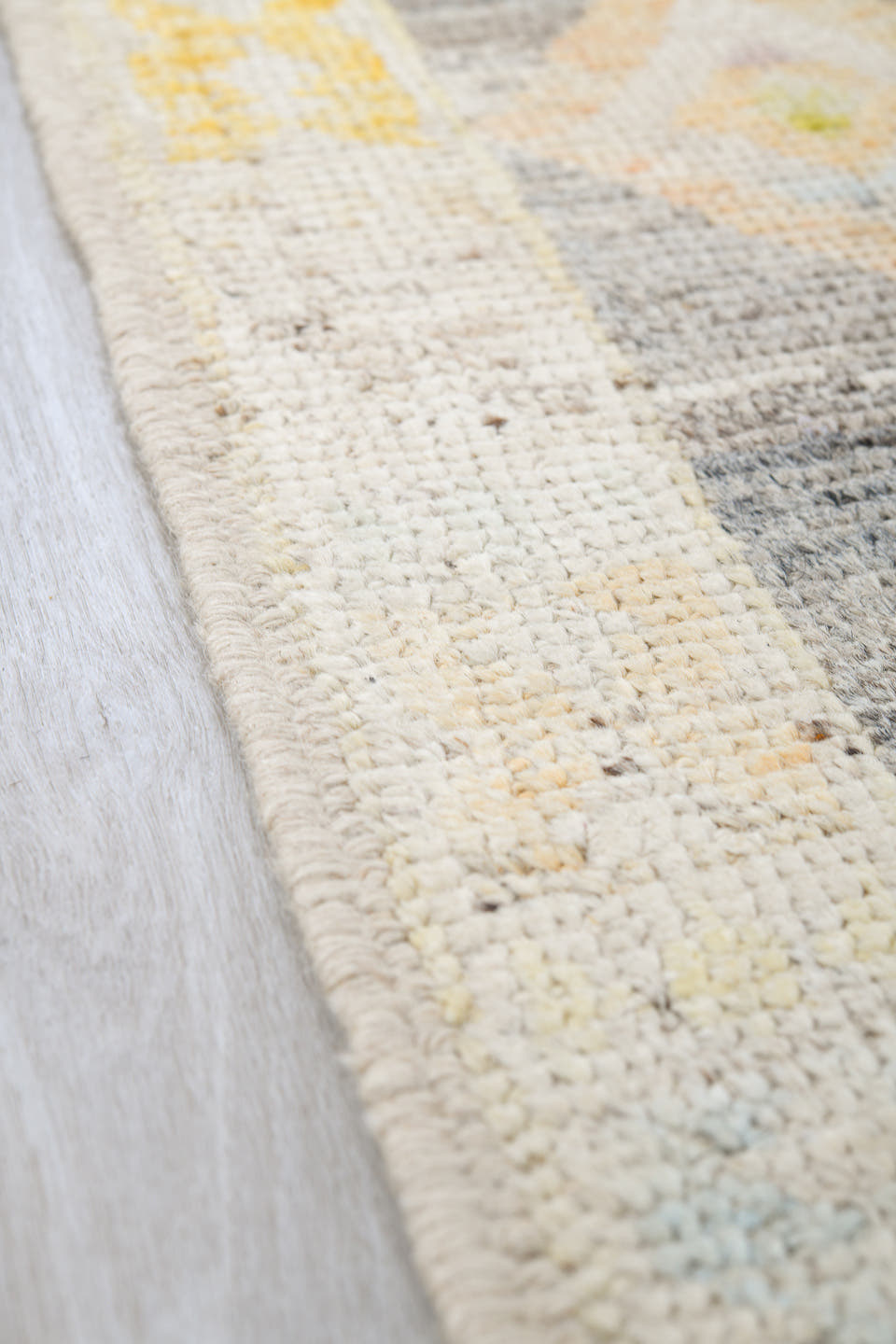 4' x 6' one-of-a-kind handmade vintage Tulu small size rug. Color palette: gray, ivory, cream, taupe, pale gold, sand
