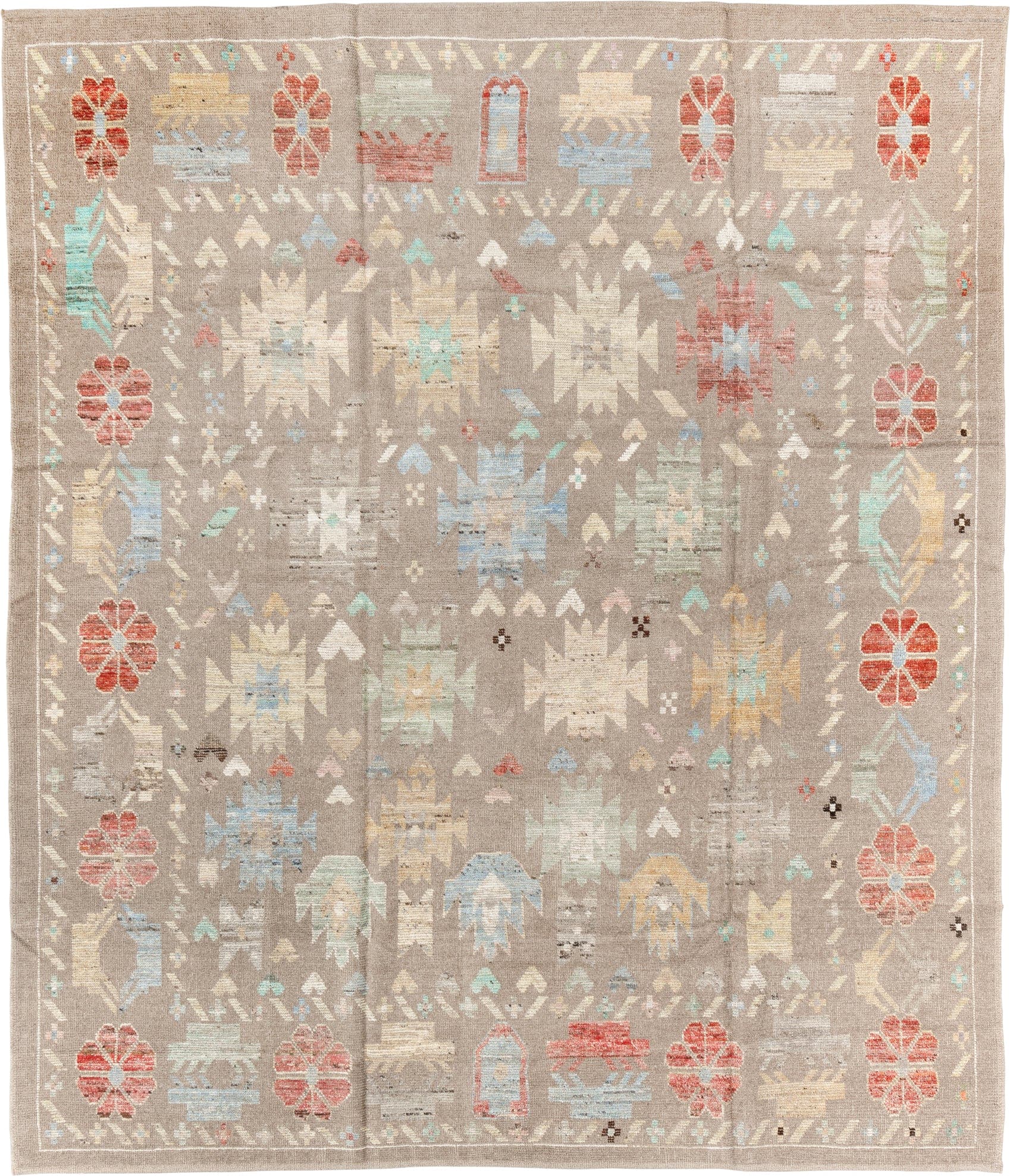 8' x 10' one-of-a-kind handmade vintage Tulu large size rug. Color palette: taupe, ivory, coral, pale blue, cream, soft gold