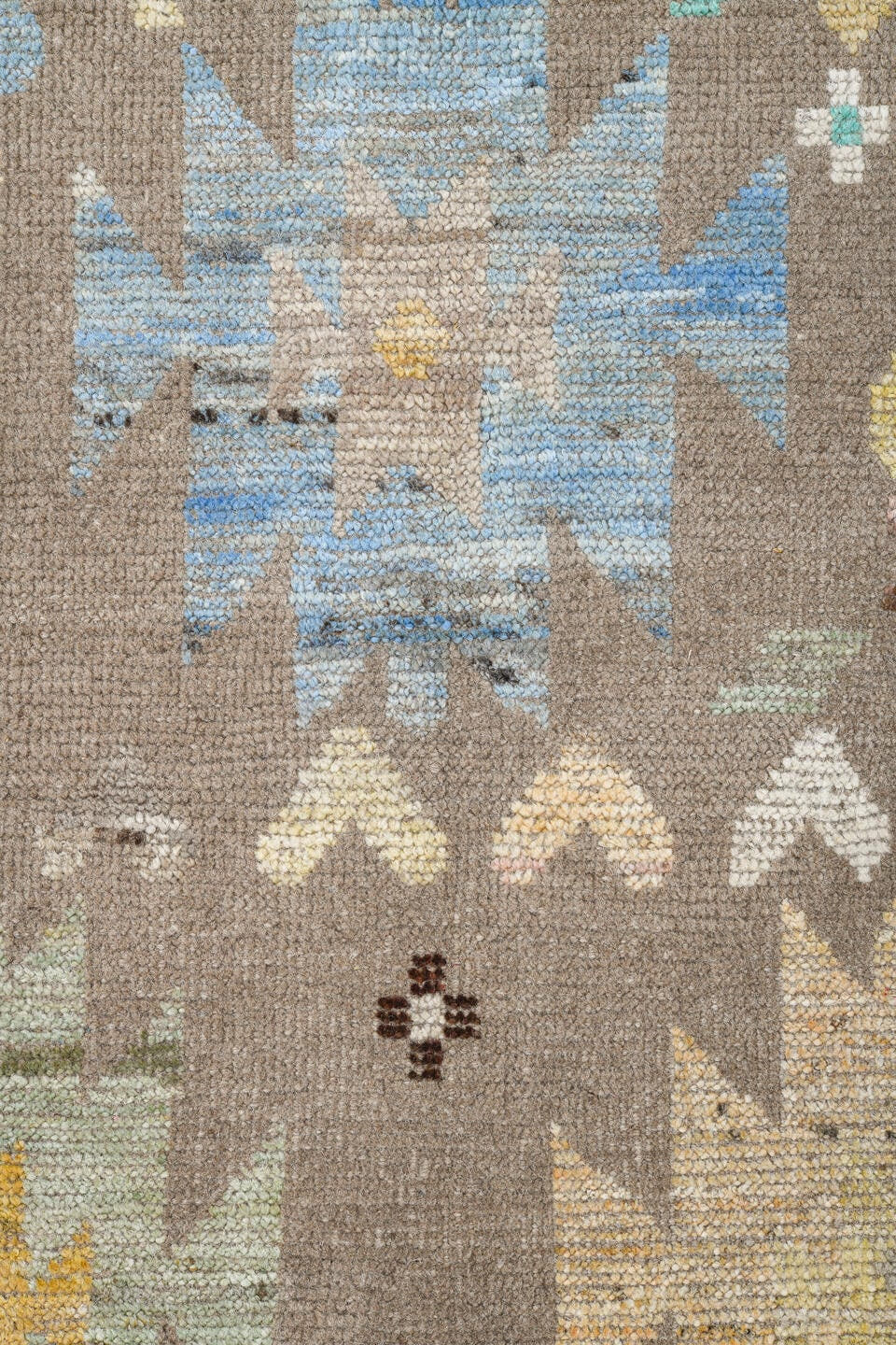 8' x 10' one-of-a-kind handmade vintage Tulu large size rug. Color palette: taupe, ivory, coral, pale blue, cream, soft gold