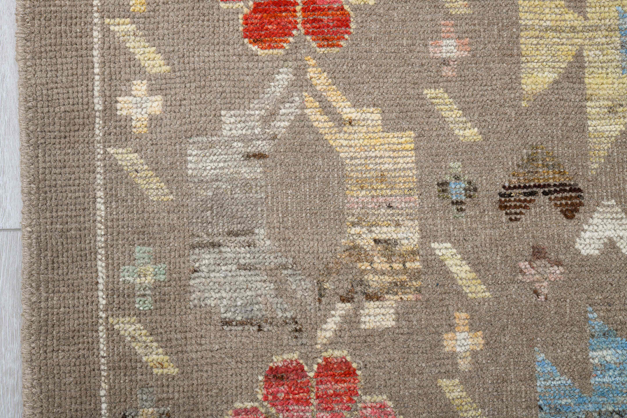 8' x 10' one-of-a-kind handmade vintage Tulu large size rug. Color palette: taupe, ivory, coral, pale blue, cream, soft gold