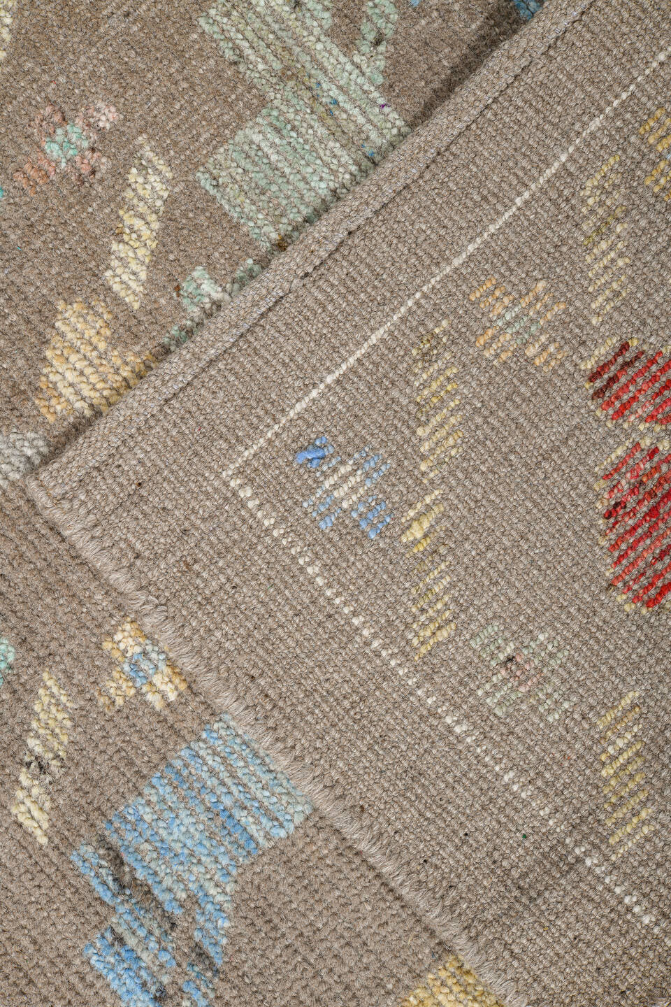 8' x 10' one-of-a-kind handmade vintage Tulu large size rug. Color palette: taupe, ivory, coral, pale blue, cream, soft gold