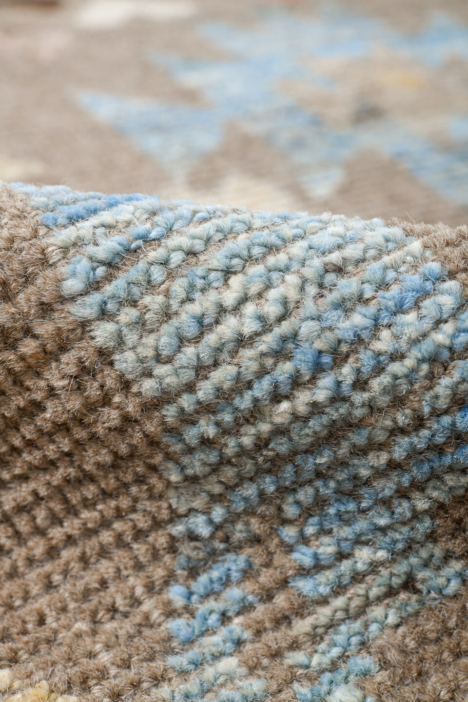 8' x 10' one-of-a-kind handmade vintage Tulu large size rug. Color palette: taupe, ivory, coral, pale blue, cream, soft gold