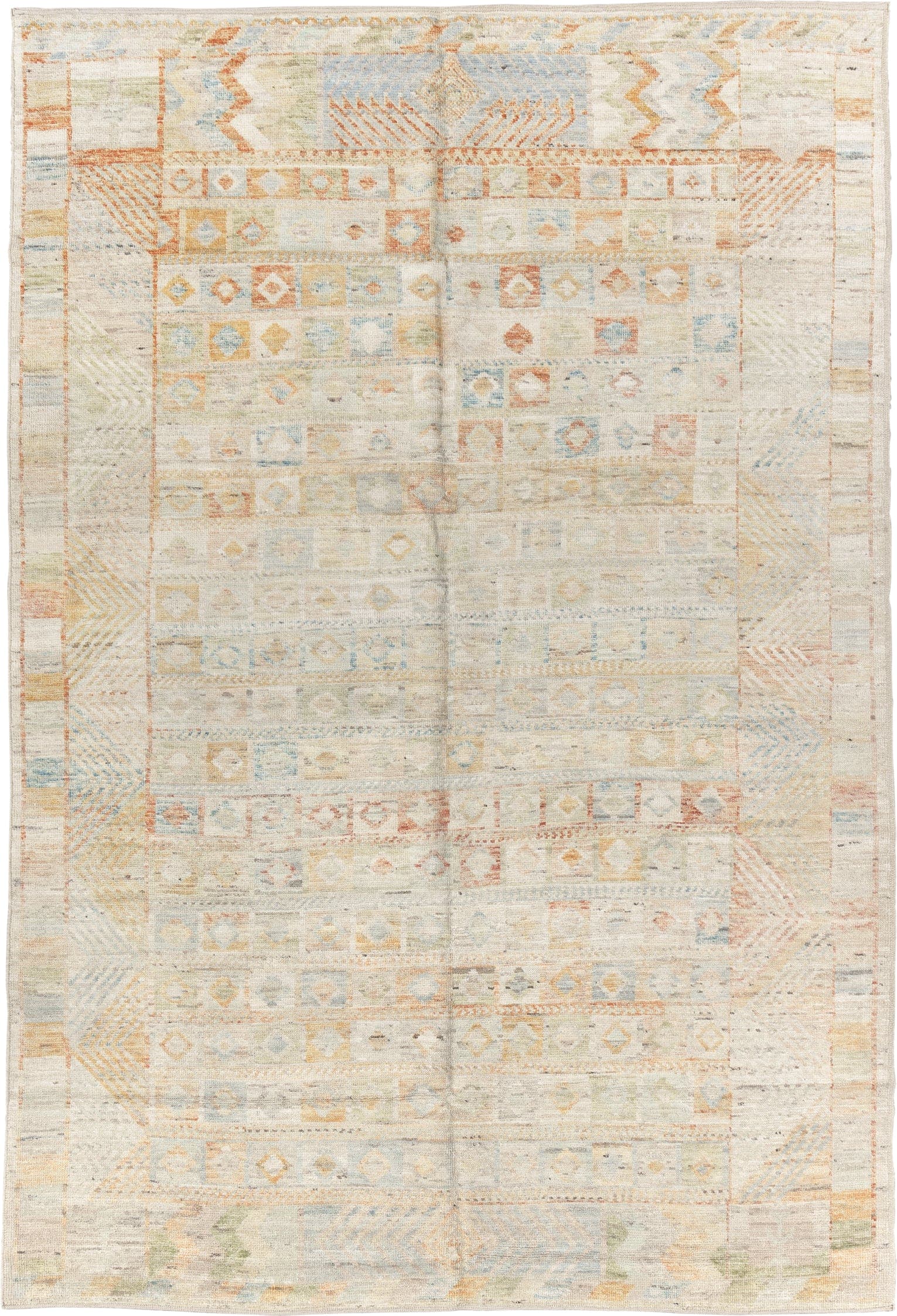 6' x 9' one-of-a-kind handmade vintage Tulu medium size rug. Color palette: ivory, pale blue, peach, sand, sage, cream