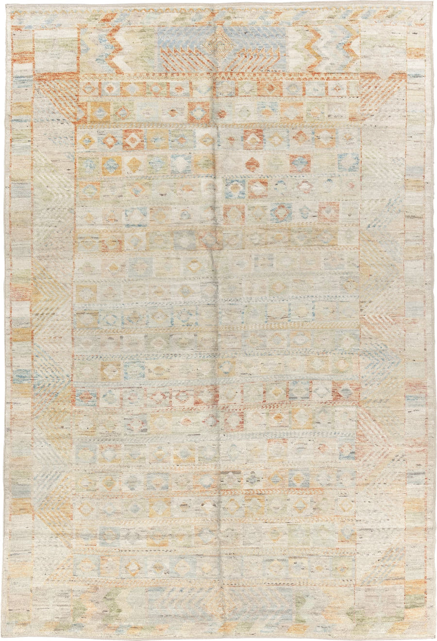 6' x 9' one-of-a-kind handmade vintage Tulu medium size rug. Color palette: ivory, pale blue, peach, sand, sage, cream