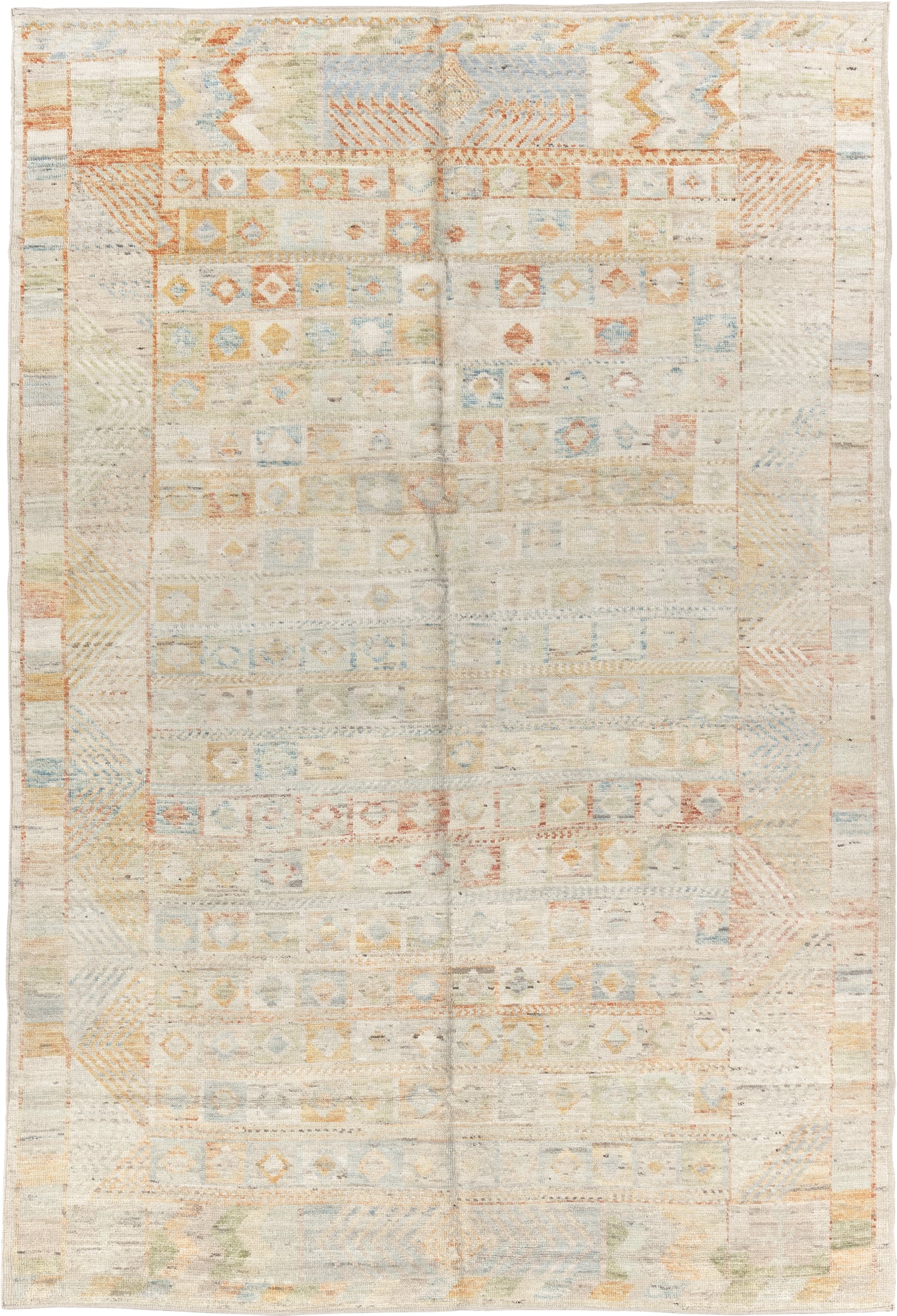 6' x 9' one-of-a-kind handmade vintage Tulu medium size rug. Color palette: ivory, pale blue, peach, sand, sage, cream