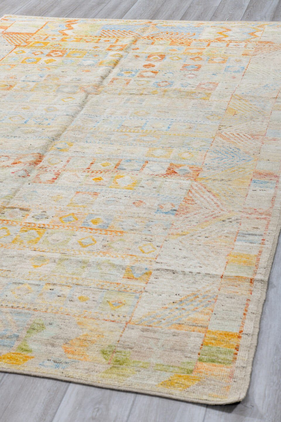 6' x 9' one-of-a-kind handmade vintage Tulu medium size rug. Color palette: ivory, pale blue, peach, sand, sage, cream