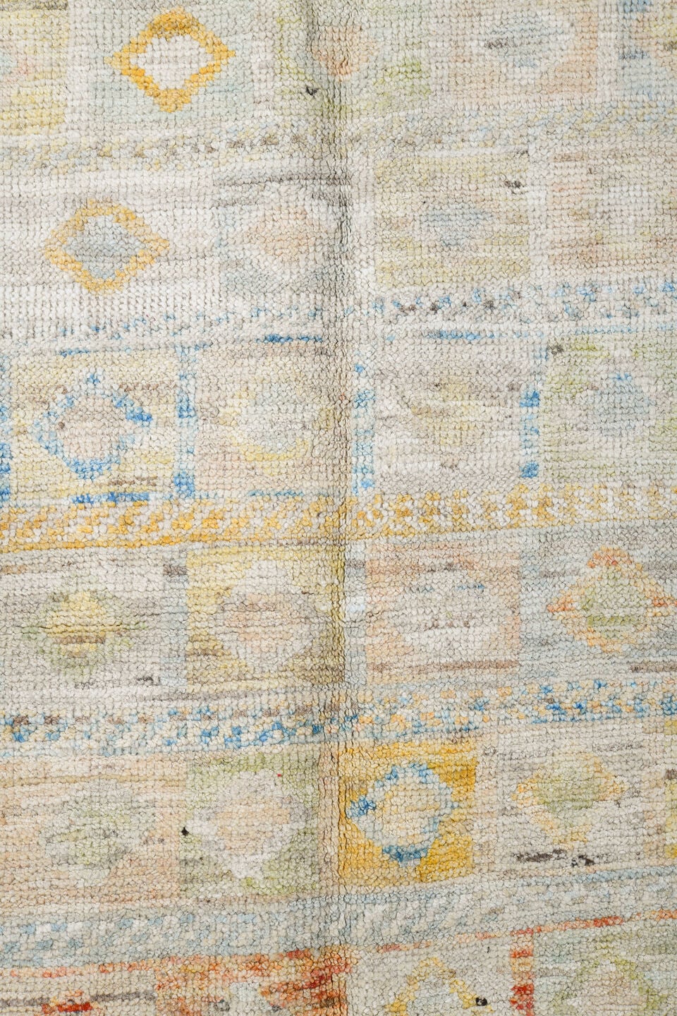 6' x 9' one-of-a-kind handmade vintage Tulu medium size rug. Color palette: ivory, pale blue, peach, sand, sage, cream