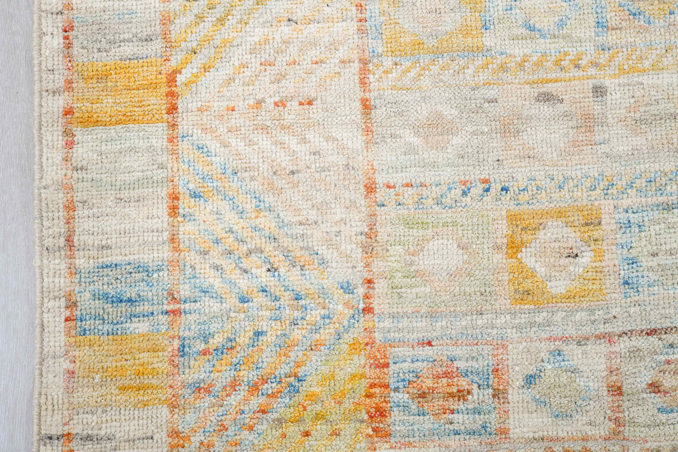 6' x 9' one-of-a-kind handmade vintage Tulu medium size rug. Color palette: ivory, pale blue, peach, sand, sage, cream